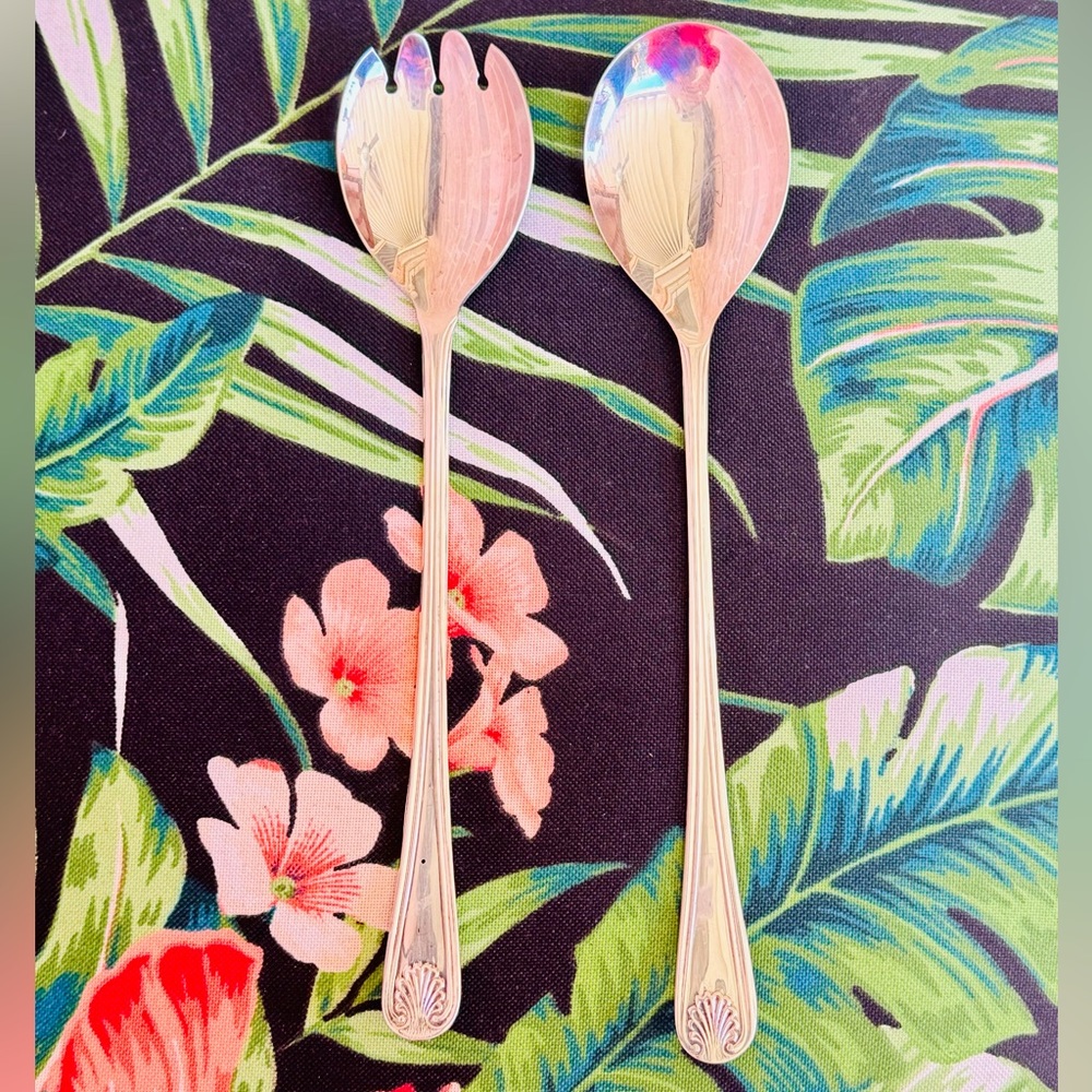Vtg Sheffield England Serving Salad Fork Spoon Set Shell Oyster Silverplate